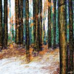 Contemporary texture-rich landscape painting titled Into the Woods, featuring a dense forest of tall vertical tree trunks with vibrant autumn colors, orange foliage, green moss, and dappled light on the forest floor.