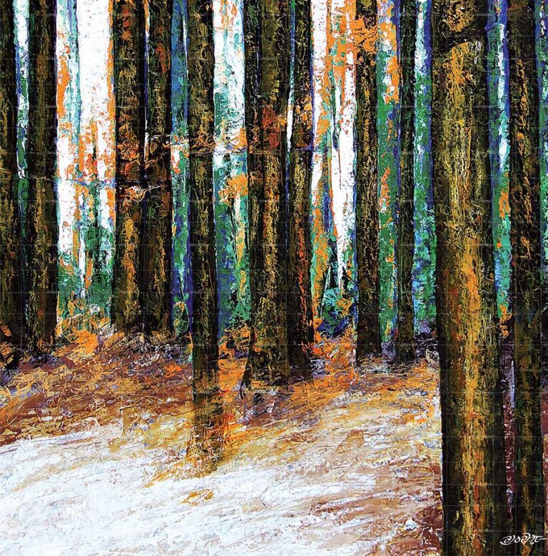 Into the woods is a beautiful painting showing a scenic view of the broad trunks of some trees in the specific part of the deep forest.