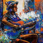 Vibrant palette knife oil painting titled My Beautiful Valentine, featuring a woman wearing a blue hat playing an acoustic guitar amidst abstract textured strokes of blue and orange.