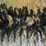 tAn expressionist oil painting titled The Blazing Enigma, featuring a powerful herd of dark, abstract horses galloping forward against a textured, glowing gold and neutral background.