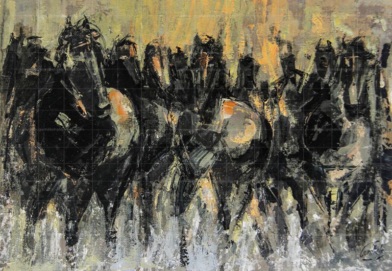 the blazing enigma depicts a group of black horses running with their full power and strength.