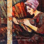 The Country Strings original painting featuring a young woman in a bonnet playing a rustic string instrument, textured fine art for sale.