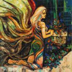 Impasto oil painting titled The Phantom Yearning featuring a kneeling blonde woman with flowing golden wings gazing at a potted plant amidst vibrant green and orange textured brushstrokes.