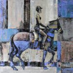 The Charm of Argentina painting showing an elegant woman in equestrian gear riding a horse, abstract textured background in blue, purple, and grey tones.