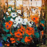 Abstract floral oil painting titled A Summer Apology featuring vibrant red poppies, white blossoms, and textured teal leaves against a warm golden background.