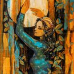 An original acrylic painting titled The Passing Waves, featuring a woman in a textured turquoise dress reaching towards a large glowing white moon, surrounded by stylized leaves and a warm orange and brown background.