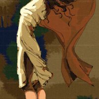 The Essence of Due painting featuring a woman in a flowing cream dress dancing on a rock with a brown shawl against a textured background.