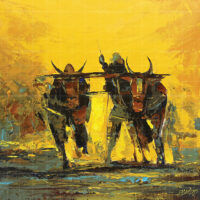 Hall Vahonda Vdde Tarhke Da Punjabi Farmer Painting showing a traditional farmer plowing a field with two oxen at dawn in a vibrant yellow acrylic canvas art style.