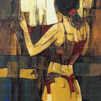 The Golden Rays painting, original modern fine art featuring a woman looking through a window, warm yellow and brown earth tones, textured oil painting style for sale.