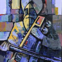 Abstract Sikh painting depicting an elderly Sikh man with a turban playing a traditional sarangi musical instrument, rendered in vibrant blue, yellow, and grey cubist brushstrokes.