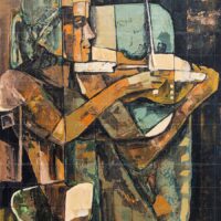 The Violin Girl original abstract painting featuring a female violinist playing a violin in a cubist fine art style with earthy brown and muted green tones.