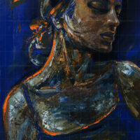 Expressionist portrait painting titled "Under The Moonlight" featuring a serene woman illuminated by orange highlights against a deep blue, textured background.