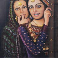 Sakhiyan Saheliyan traditional painting depicting two Indian women in ethnic attire and jewelry sharing a secret.