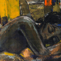 Abstract expressionist oil painting titled A Young Girl’s Dream, featuring a sleeping or resting young woman with her head cradled on her arms, painted in moody tones, textured brushstrokes, and vibrant pops of yellow and orange.