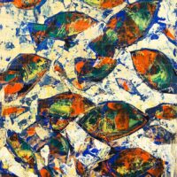 Abstract Japanese fish painting titled Gyotaku featuring a vibrant school of fish in orange, deep blue, and emerald green textures on a light background.