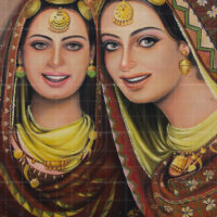 Punjabi Folk Painting-Phulkari, a detailed fine art painting of two smiling traditional Punjabi women wearing heritage golden jewelry and intricate Phulkari embroidered dupattas.