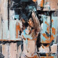 Abstract figurative fine art painting titled "The Artistic Expression" featuring a stylized female figure surrounded by textured block brushstrokes of orange, teal, black, and beige.
