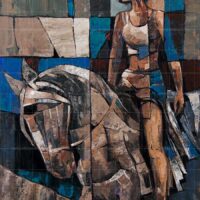 Modern cubist painting titled The Urban Tribal Girl, featuring a stylized modern woman standing with a powerful horse, rendered in blue, brown, and textured geometric blocks.