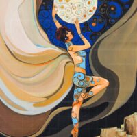 Dancing Among The Stars painting featuring a female dancer holding a glowing moon against a starry night sky.