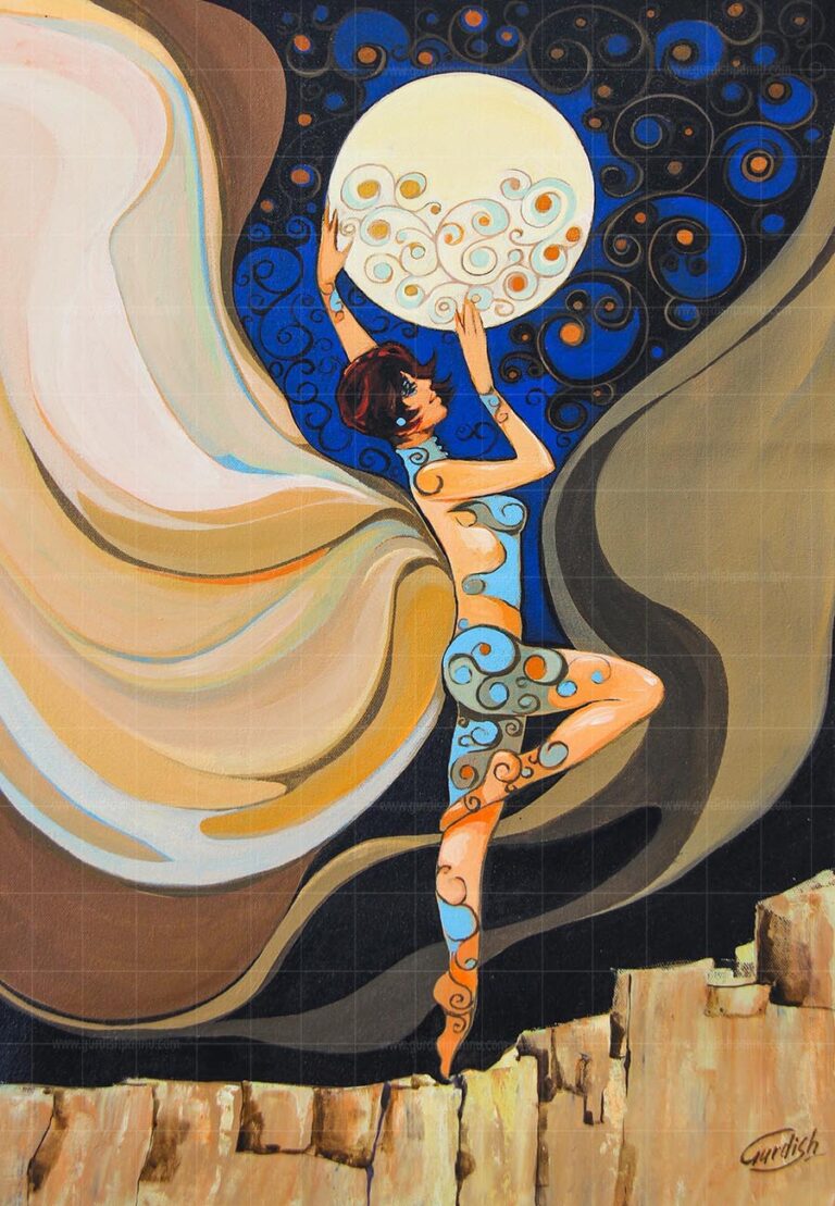 Dancing Among The Stars is a beautiful painting of a young dancing girl under the full moon of the starry night.