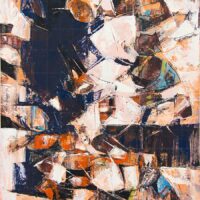 Abstract painting titled Reflections Underwater featuring dynamic blue, orange, and white geometric shapes evoking aquatic distortions, perfect for contemporary art collectors.