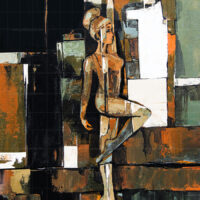 Abstract figurative painting titled The Abstract Life featuring a graceful ballerina silhouette surrounded by modern geometric blocks of orange, black, white, and teal.