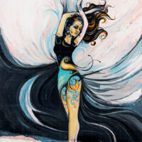 The Dance Of Joy painting featuring an elegant female dancer with flowing hair, vibrant blue and gold swirls, and dramatic dark brushstrokes.