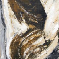 Abstract expressionist painting titled The Girl and Sea Wind, featuring dynamic textured brushstrokes of brown, beige, and white depicting a figure caught in a powerful ocean breeze.