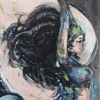 The Divine Union original painting featuring a spiritual woman profile with flowing dark hair against a large glowing moon backdrop.