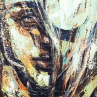Abstract expressionist portrait painting titled The Moon and Her Song featuring a textured human face partially veiled by earthy brushstrokes and a large glowing pale moon.