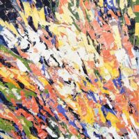 Abstract expressionist spring painting titled The Joyful Spring featuring vibrant, textured brushstrokes of orange, yellow, green, and blue.