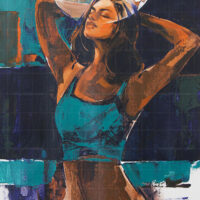 Contemporary portrait painting titled The Shinning Solace featuring a serene woman with eyes closed, wearing a teal top against an abstract deep blue, teal, and white background. Original art for sale.