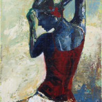 Impasto oil painting of a dancing girl, Scarlet Jones, featuring a ballerina seen from behind in a red top and white tutu against an abstract textured background.