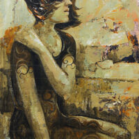 The Poetic Dawn original fine art painting featuring a contemplative woman in profile, rendered in textured gold, brown, and ochre tones. Ideal for contemporary art collectors looking to buy original paintings.