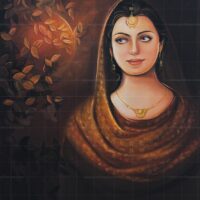 Traditional oil painting of a beautiful Punjabi Mutiyaar (young woman) in a golden dupatta and jewelry during dawn (Sargi Wela), art for sale.