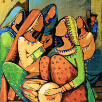 Shagna Di Raat Punjabi Painting showing traditional women in vibrant Punjabi suits celebrating a wedding, playing the dholak drum, and singing folk music.