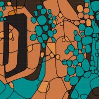 Spring Day original abstract painting featuring vibrant teal, orange, and brown organic shapes with bold black line art for modern wall decor.