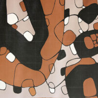 Modern abstract art painting titled 'The Garden Fair' showcasing fluid, interlocking organic shapes in earthy terracotta orange, bold black, and crisp white.