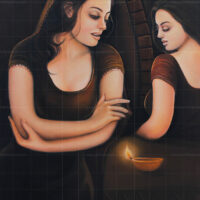 Yaddan de dewe- Punjabi Mutiyaar painting featuring a traditional Punjabi woman reflecting near a glowing clay lamp diyas.