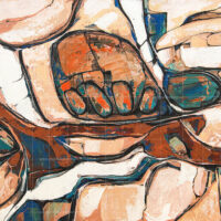 Abstract contemporary painting titled Deep Sea Music featuring organic shapes in shades of blue, orange, beige, and brown.
