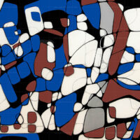 Abstract fine art painting titled Spring Night featuring interlocking organic shapes in vibrant cobalt blue, terracotta brown, white, and gray outlined in bold black lines.