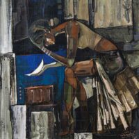 Abstract cubist fine art painting titled A letter to Life, featuring a reflective seated figure holding a white letter against a striking blue background.