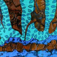 Urban Nature - Blue Night original painting featuring textured brown tree trunks and roots set against a vibrant turquoise background with repeating blue leaves and a patterned blue-and-brown stone foreground.