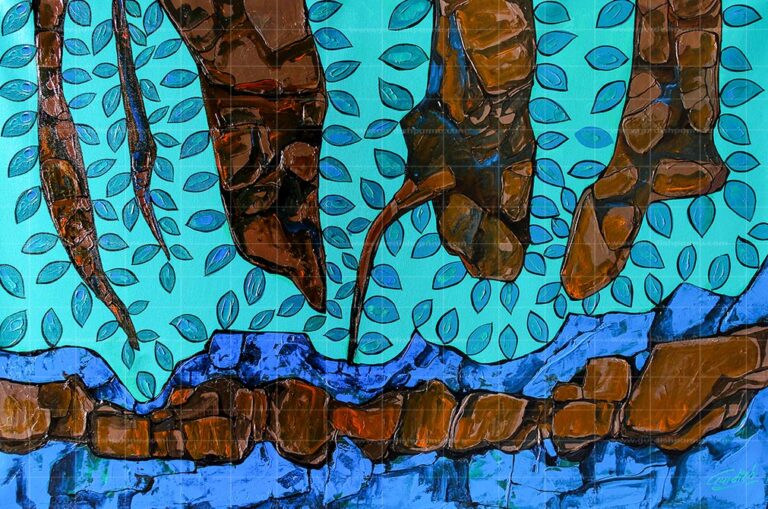 Urban Nature - Blue Night original painting featuring textured brown tree trunks and roots set against a vibrant turquoise background with repeating blue leaves and a patterned blue-and-brown stone foreground.