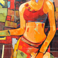 Rhythmic Day original figurative painting of a woman holding a tambourine, featuring vibrant red, orange, and warm abstract geometric patterns. Perfect fine art for modern home decor and art collectors.