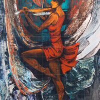 Expressionist painting titled Amber Tunes featuring a woman in a vibrant red dress playing the violin against an abstract teal background.