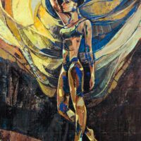 Angel of Fortune painting featuring a graceful female figure with large abstract blue and gold wings, rendered in a textured, expressive fine art style.