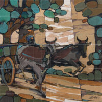 Punjabi Farmer Painting - Village Art showcasing a traditional Indian farmer in a turban driving a wooden bullock cart with two oxen, rendered in a rustic, stylized contemporary art style.