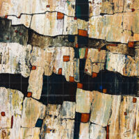 Abstract contemporary painting titled The Mystic Valley, featuring textured blocks in cream, beige, and dark tones with earthy orange accents.