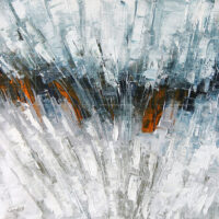 Abstract palette knife painting titled A Warm Hope, featuring textured blue, white, and grey vertical strokes contrasted by a glowing orange light breaking through a dark central horizon.